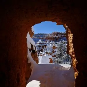 A dark sandstone rock window looking out into the snow frosted trees and hoodoos in the canyon.